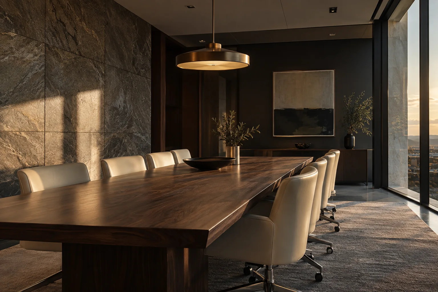 Private meeting room with a walnut conference table, stone wall, and warm architectural light